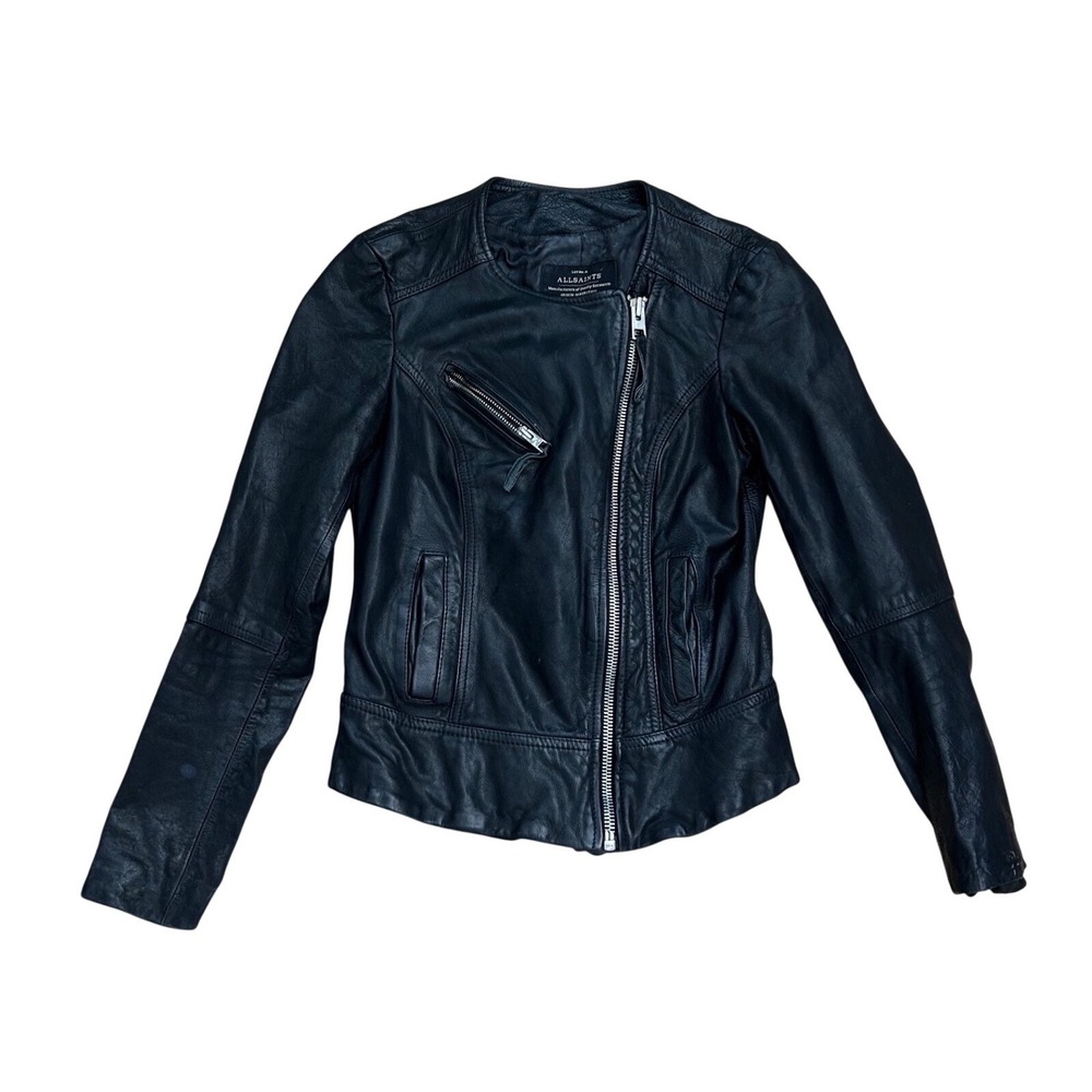 AllSaints Leather Jacket biker Black Collarless Moto US 4 grunge